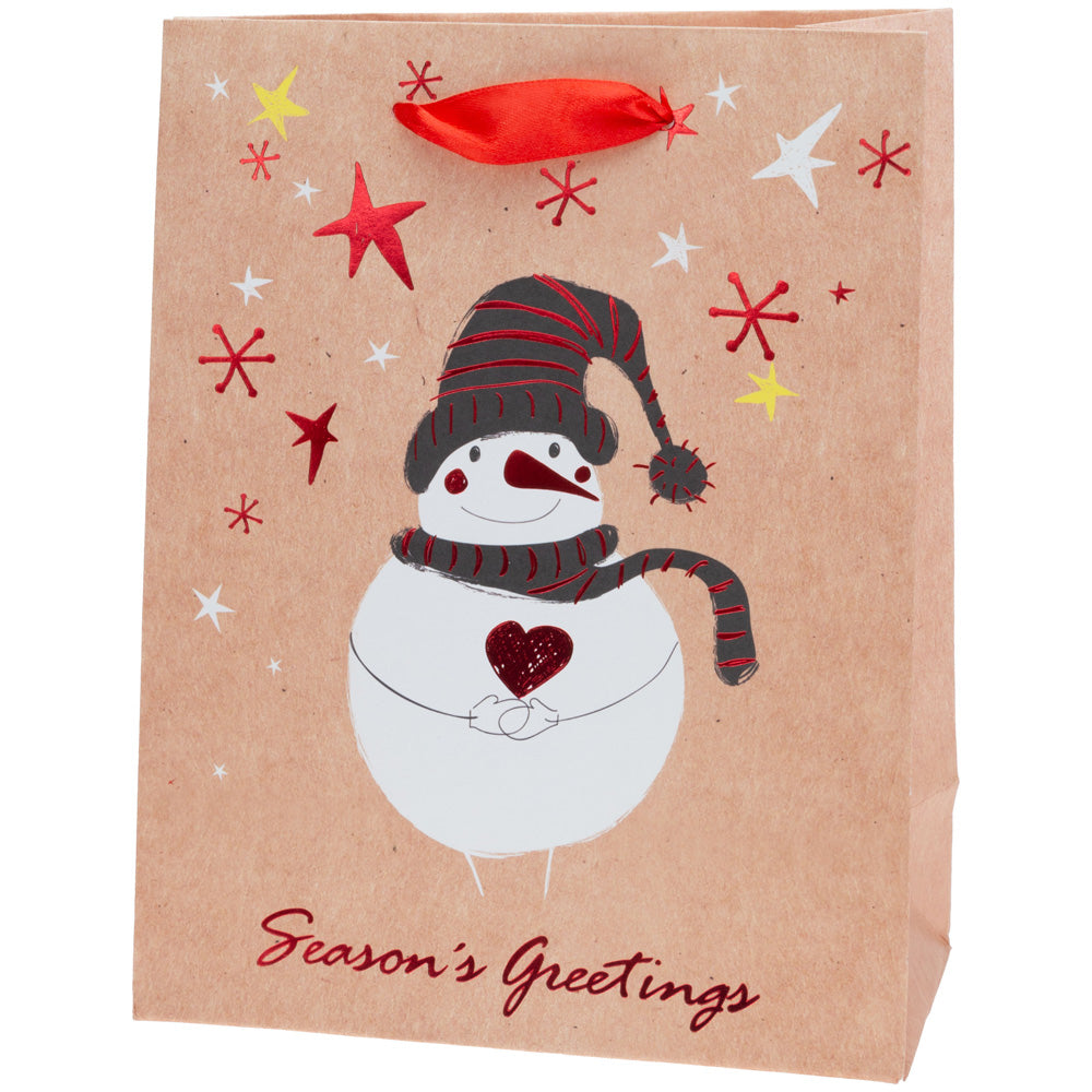 Bolsa grande de papel de aluminio rojo con diseño de muñeco de nieve y saludos de temporada