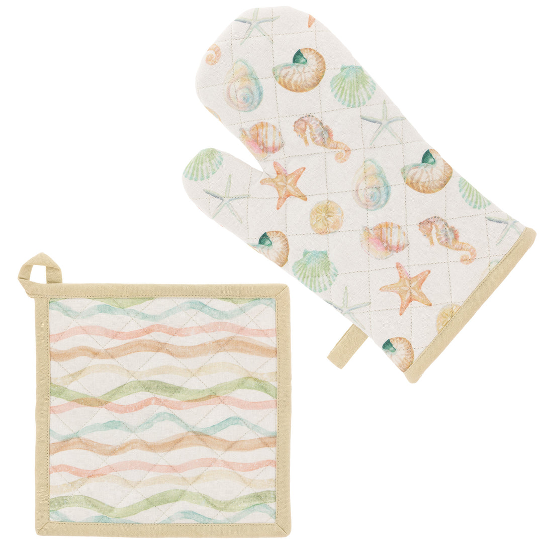 Juego de manoplas para horno con diseño de vida marina y olas de acuarela