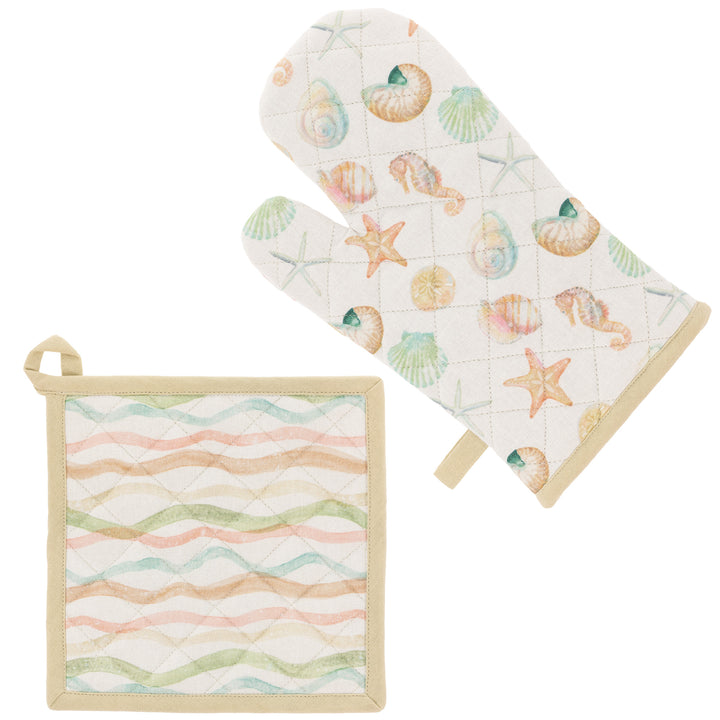 Juego de manoplas para horno con diseño de vida marina y olas de acuarela