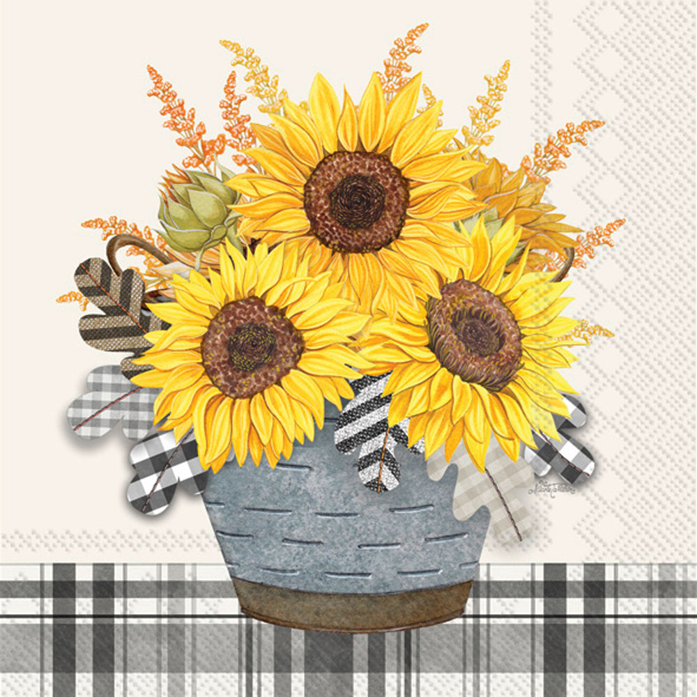 Servilleta de cóctel con girasoles a cuadros