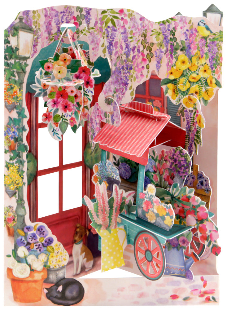 Tarjeta colgante de floristería y carrito de flores