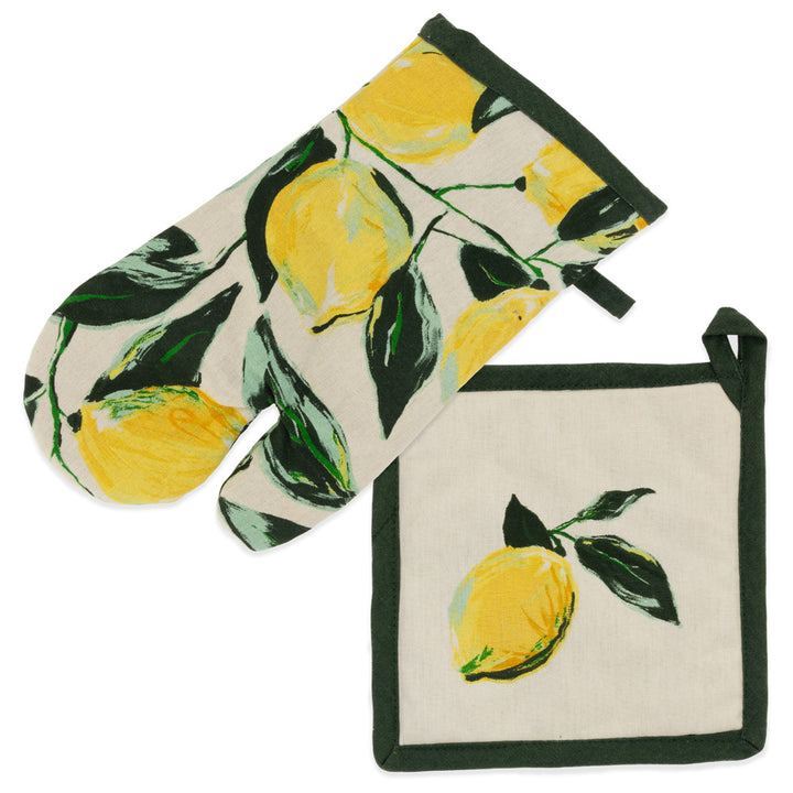 Juego de manoplas y agarraderas para horno con limones pictóricos
