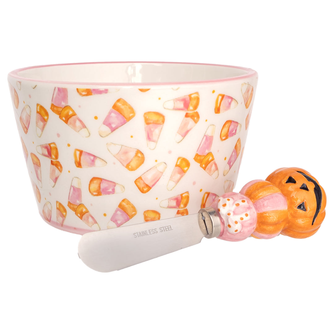Pink Candy Corn Bowl and Spreader Set