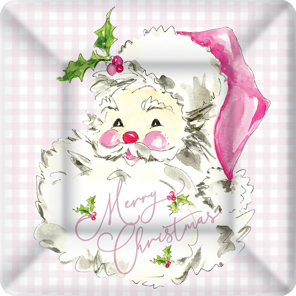 Plato de postre cuadrado de Papá Noel rosa