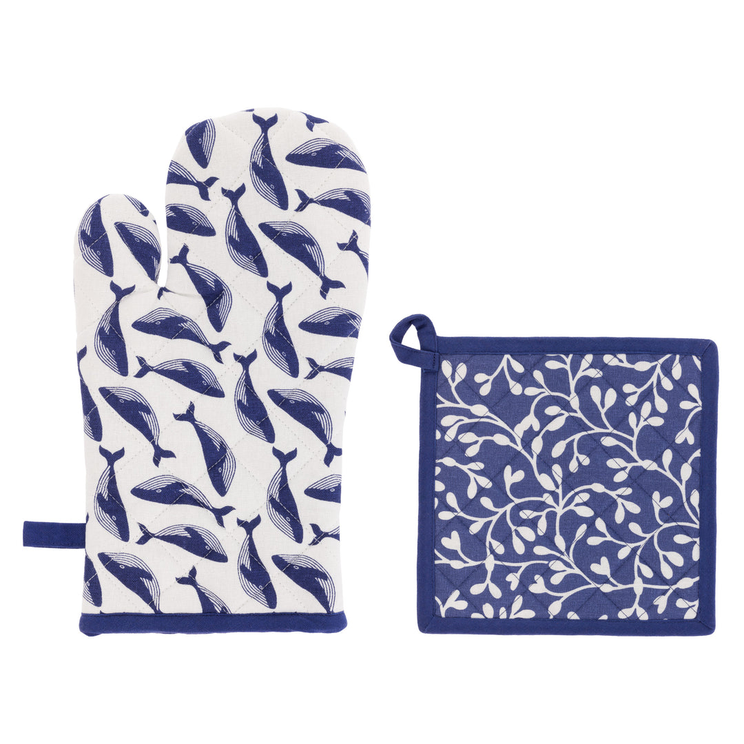 Juego de manoplas para horno/agarraderas con diseño de ballena azul marino