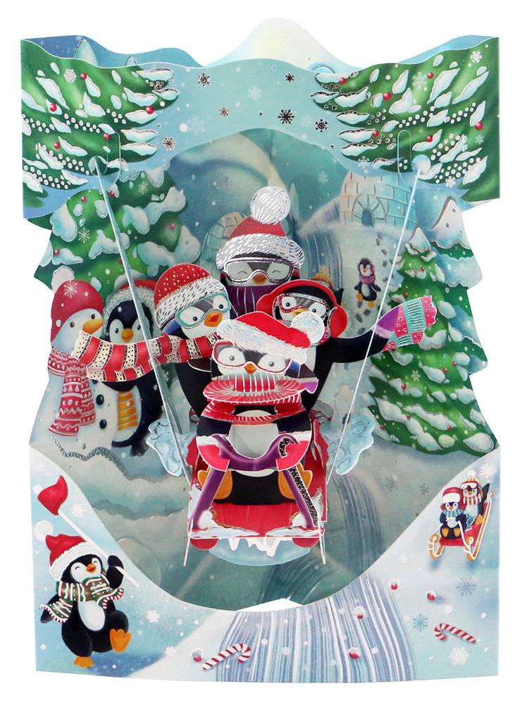 Tarjeta de columpio de pingüinos en trineo