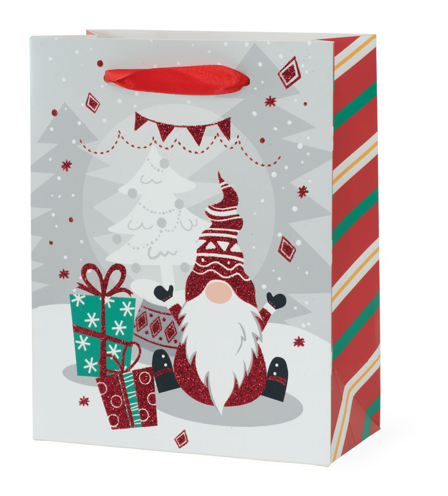 Presenta una pequeña bolsa de regalo de gnomo.