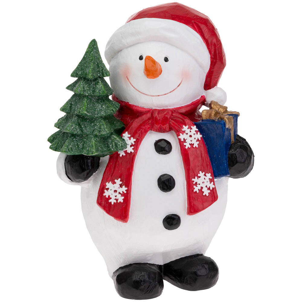Muñeco de nieve de tormenta con sombrero de Papá Noel de árbol