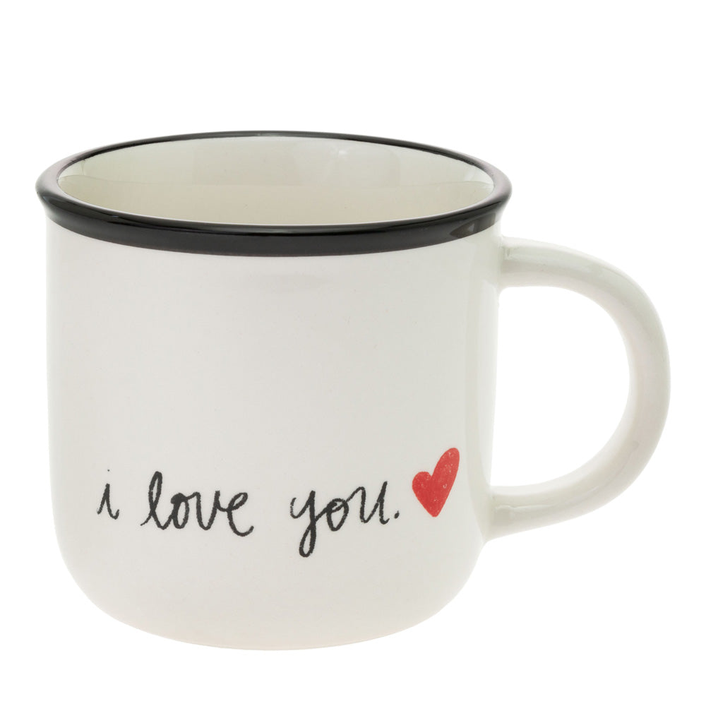 Taza de corazón escrita a mano con un solo "Te amo"