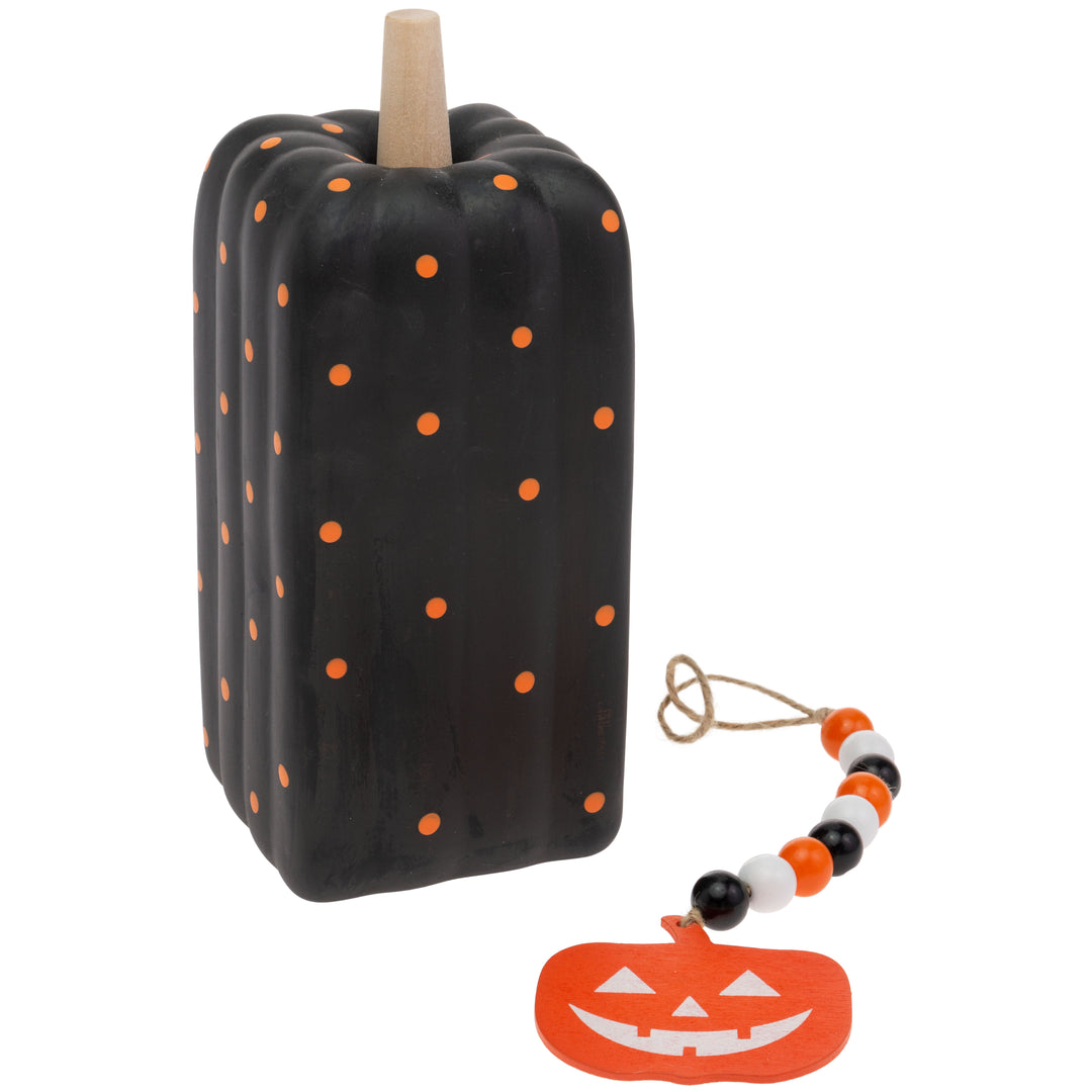 Calabaza alta con lunares negros y cuentas en forma de cara de calabaza