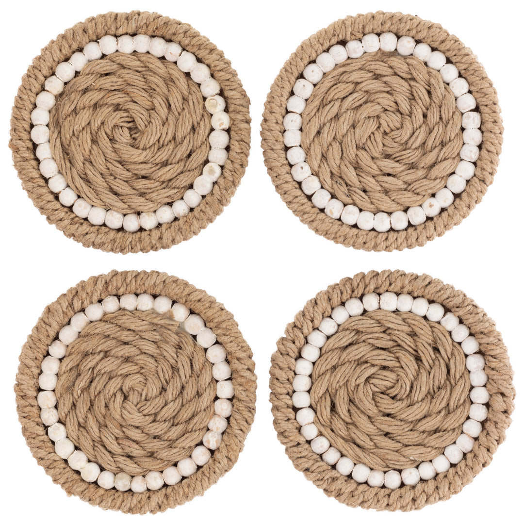 Posavasos de yute natural y cuentas blancas (juego de 4)