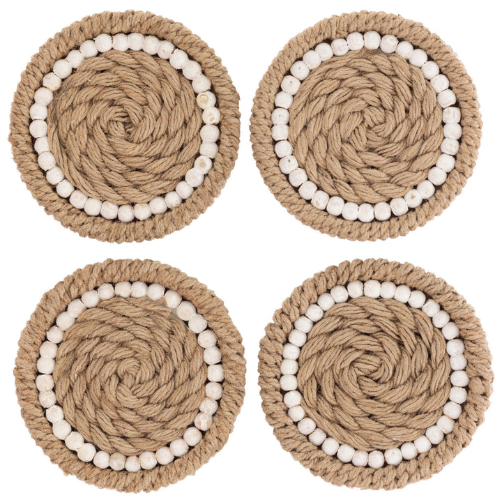 Posavasos de yute natural y cuentas blancas (juego de 4)