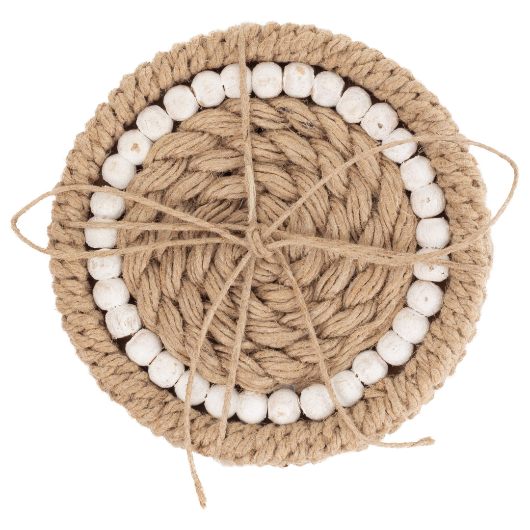 Posavasos de yute natural y cuentas blancas (juego de 4)