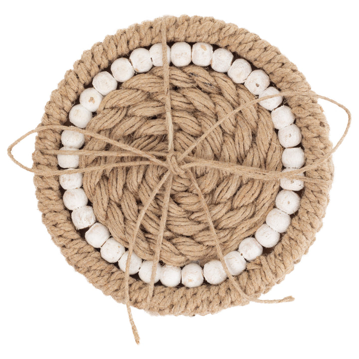 Posavasos de yute natural y cuentas blancas (juego de 4)