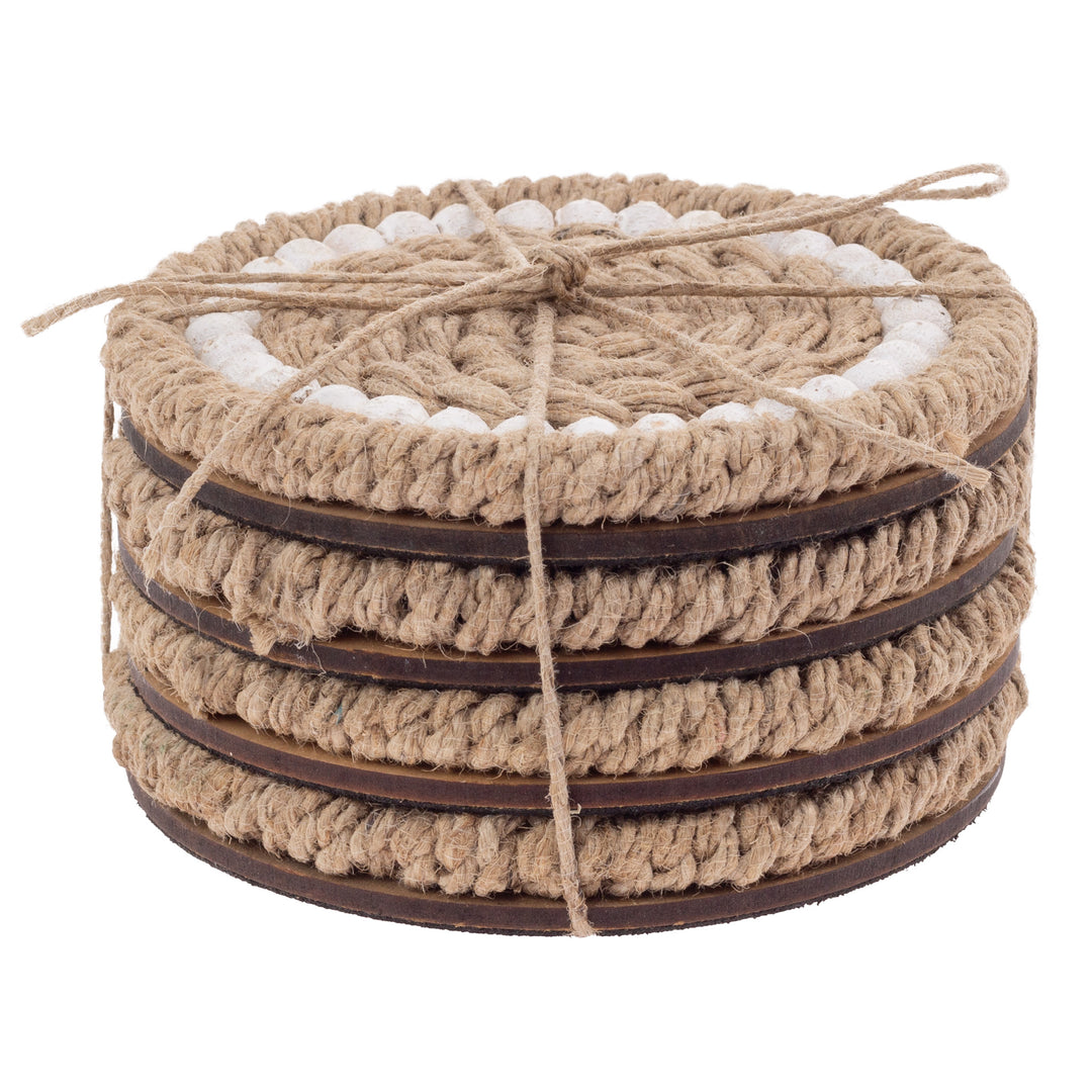 Posavasos de yute natural y cuentas blancas (juego de 4)