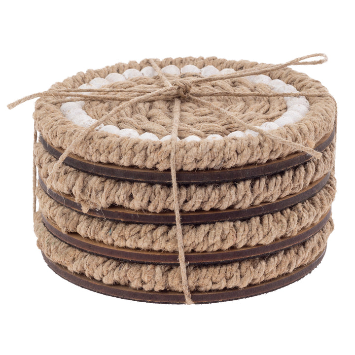 Posavasos de yute natural y cuentas blancas (juego de 4)