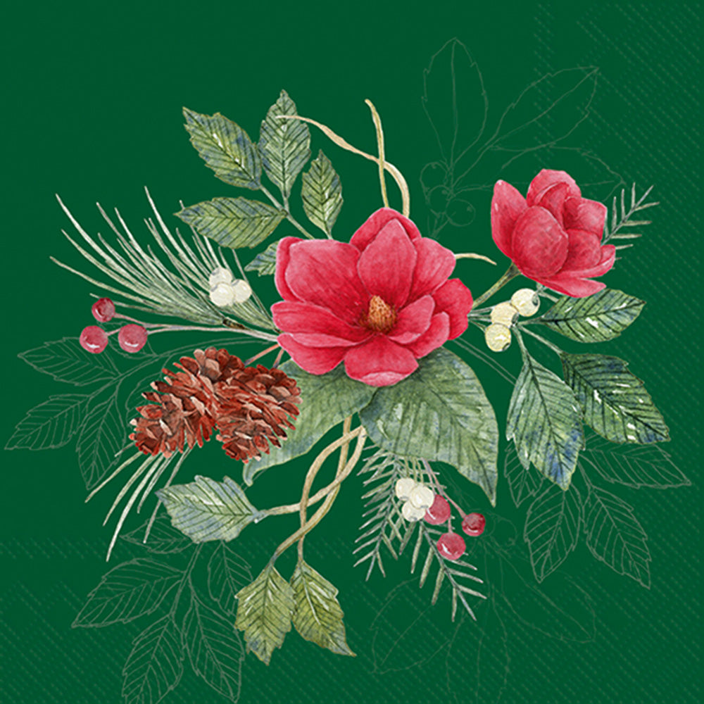 Servilleta de cóctel con flores navideñas verdes