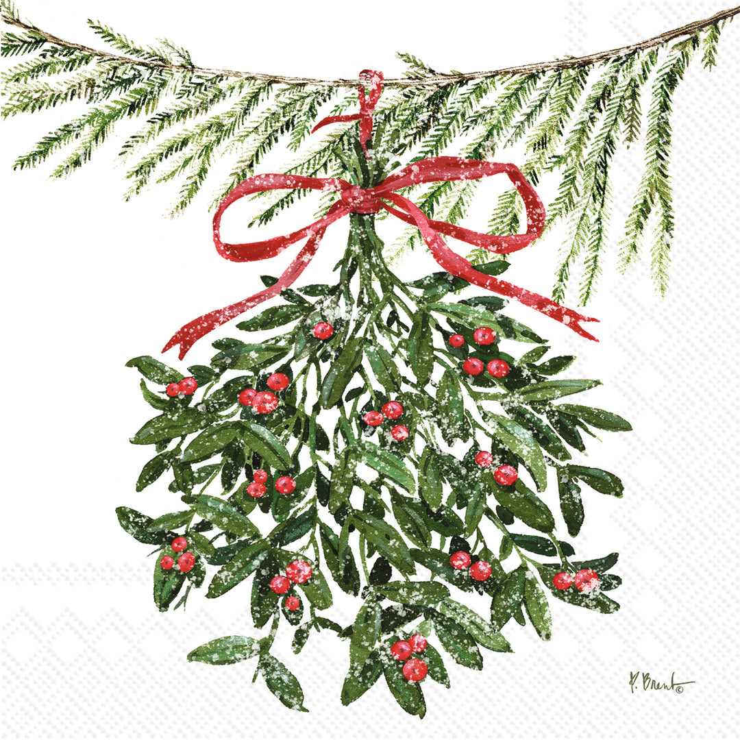 Mistletoe Swag Cream Cocktail Napkin