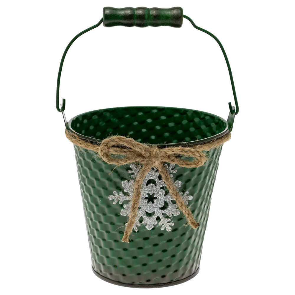 Cubo verde con copo de nieve plateado