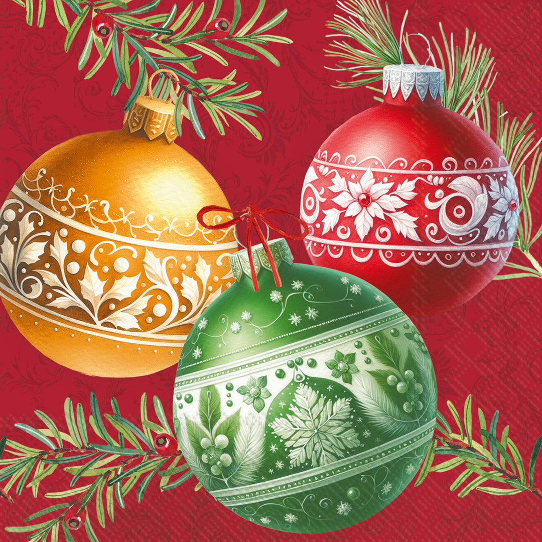Servilleta de cóctel roja con burbujas navideñas