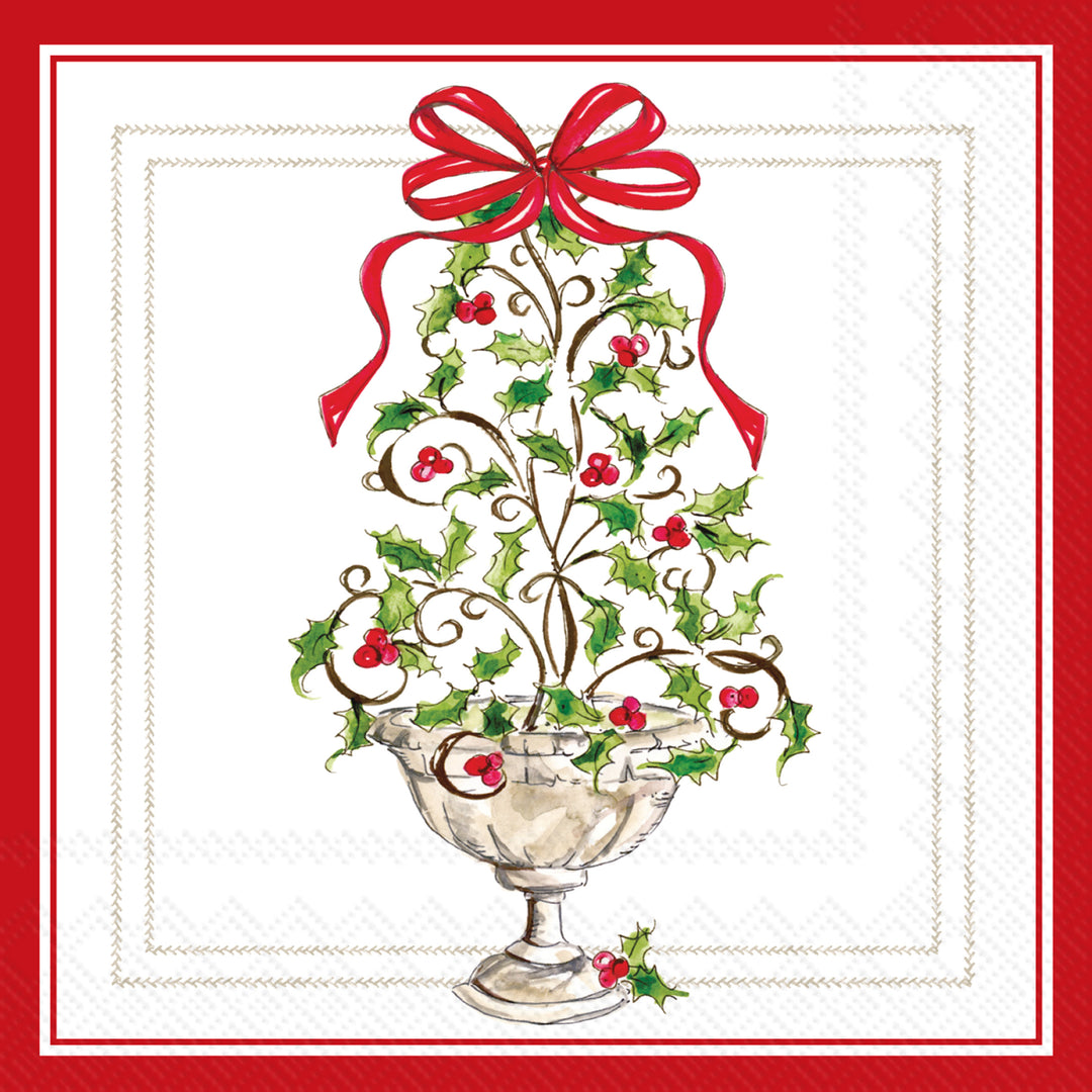 Servilleta de cóctel con árbol topiario de acebo