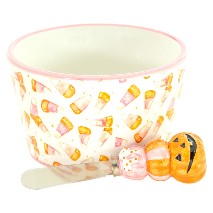 Pink Candy Corn Bowl and Spreader Set