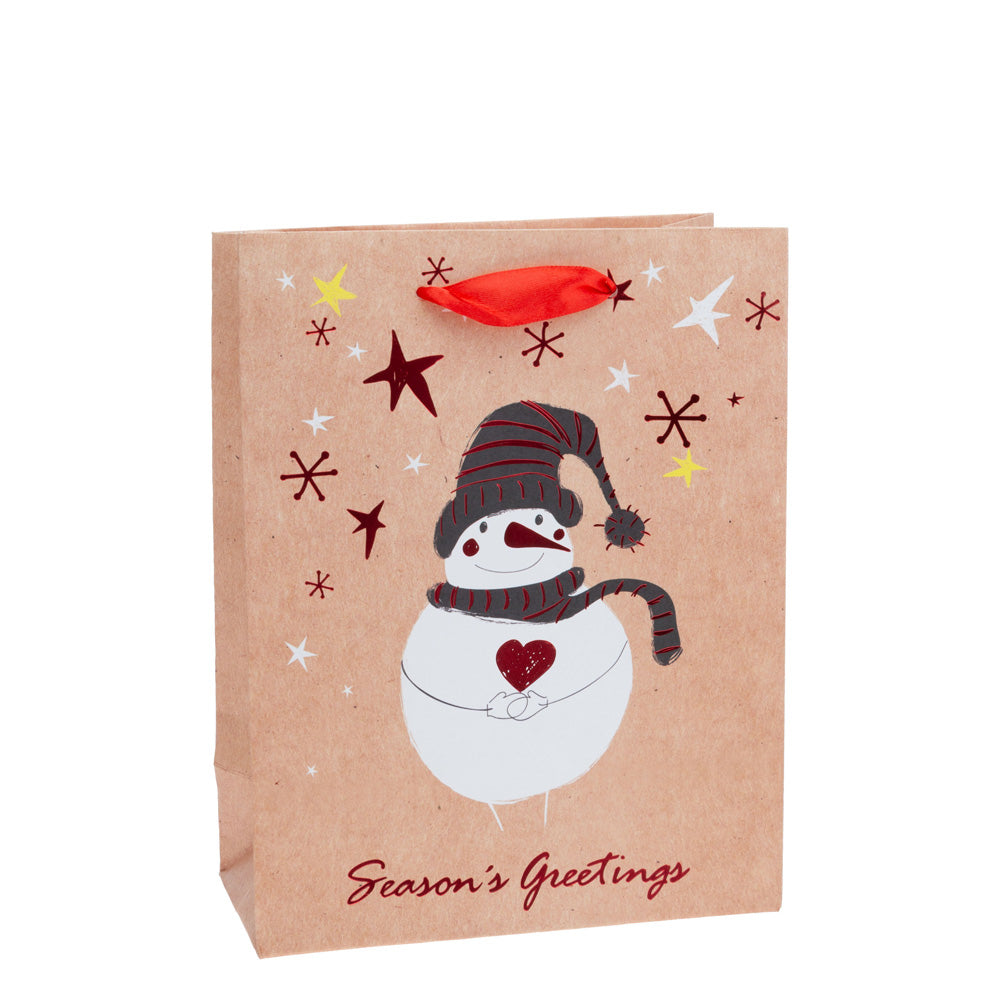 Bolsa mediana con diseño de muñeco de nieve y lámina roja de Seasons Greeting