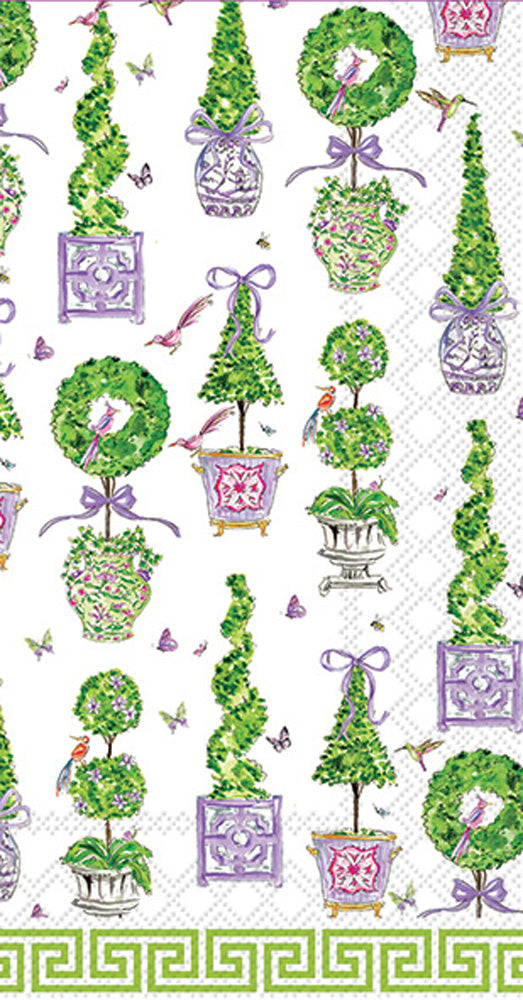 Toalla de invitados con topiarios morados y verdes