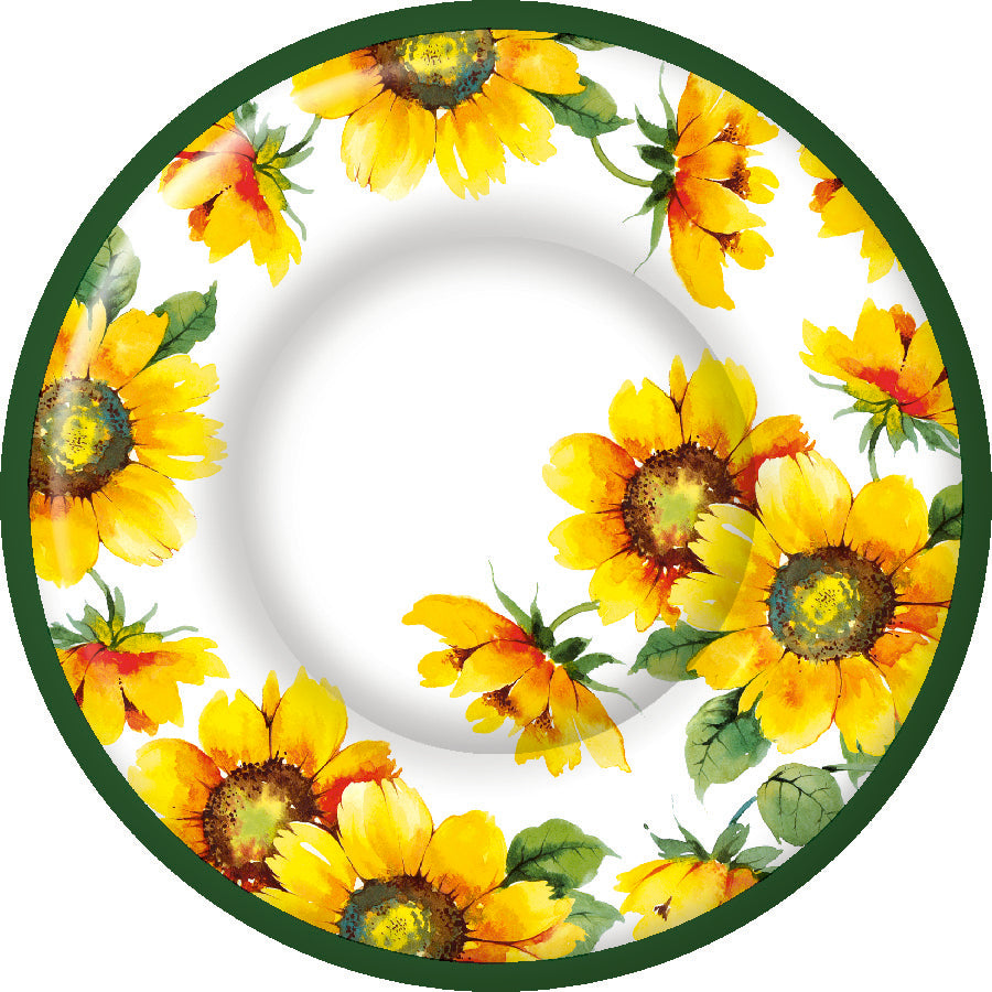 Plato de postre redondo con girasoles de colores