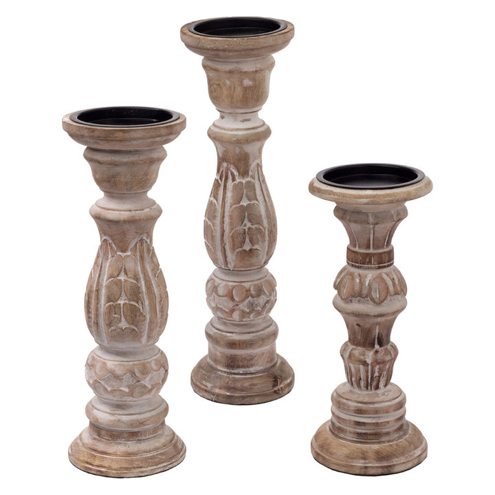 Candelabro de madera tallada Agra (juego de 3)