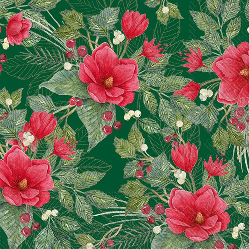 Christmas Flowers Lunch Napkin Green